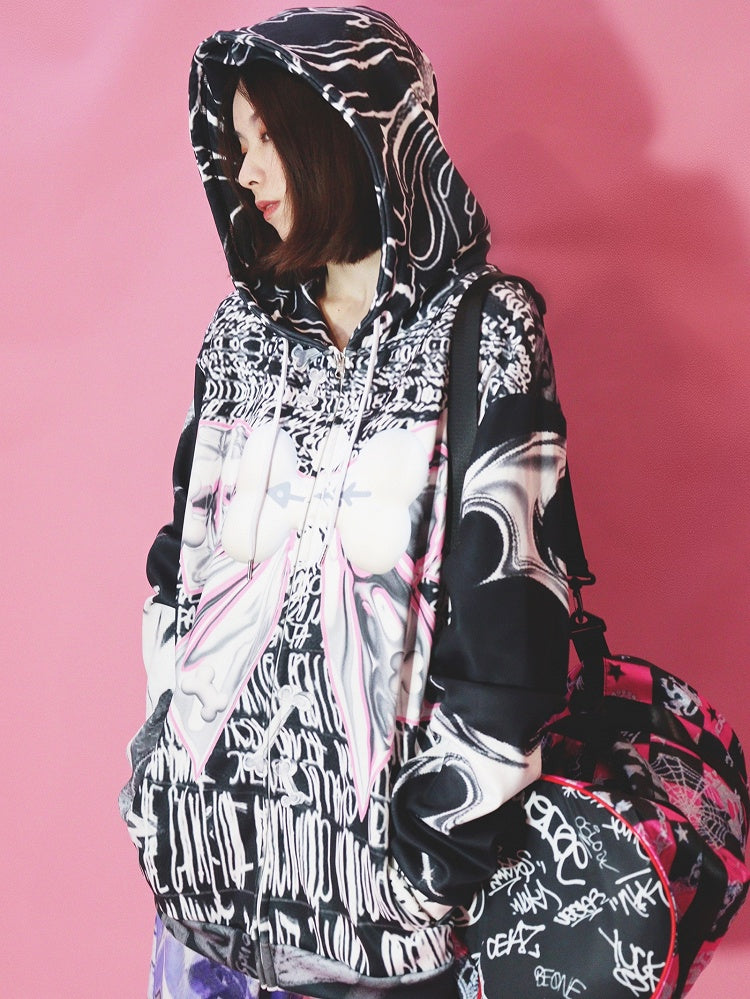 Buchstabe Schleife Schwarz Gyaru Verschluss Hoodie Zip Print Großes Muster Mode Knochen