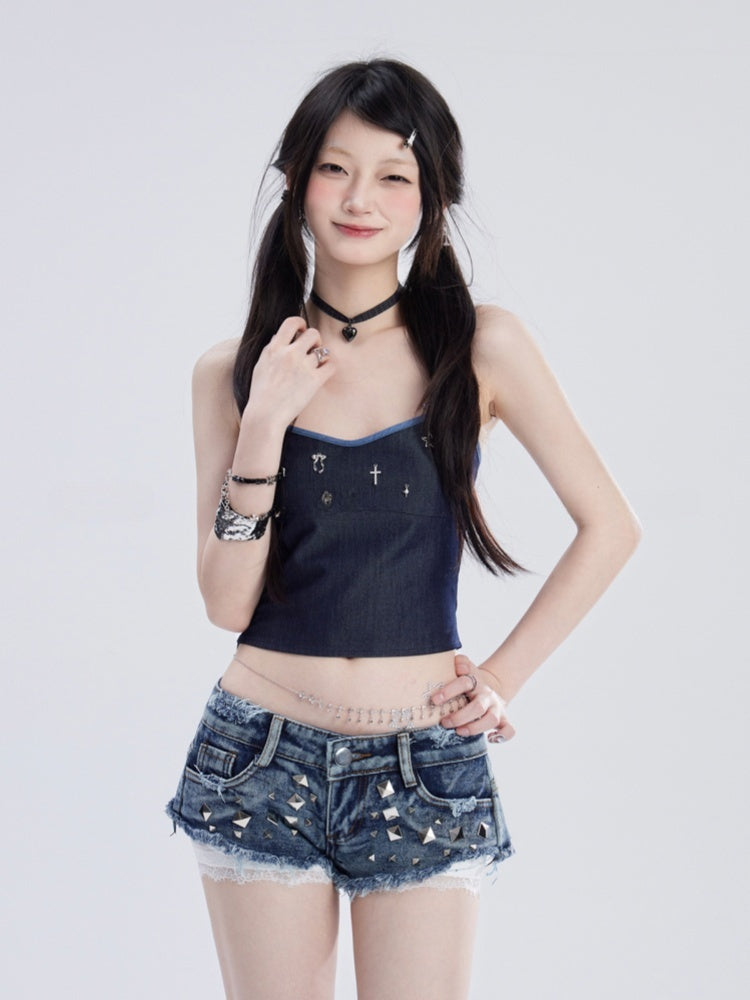 Studded Waist Raw Y2K Blue Low Glamorous Denim Shorts Hem
