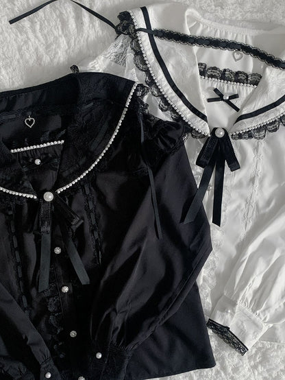 Anhängerbesatz Bluse Spitze mit Jirai Kei Schwarz/Weiß Matrosenkragen Cutout Choker Schulter Herz