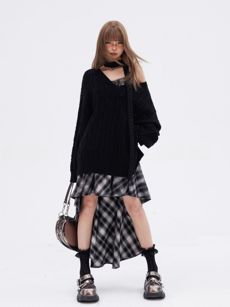 High-low Neckline Skirt Dress Black  White Plaid Sweetheart Slip