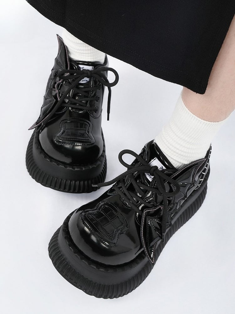 - Bat Wing Platform Details Back Lace-Up Design Accents Bittersweet Black Stitched Shoes with