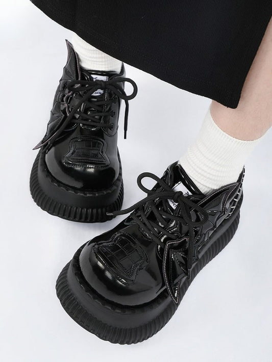 - Bat Wing Platform Details Back Lace-Up Design Accents Bittersweet Black Stitched Shoes with