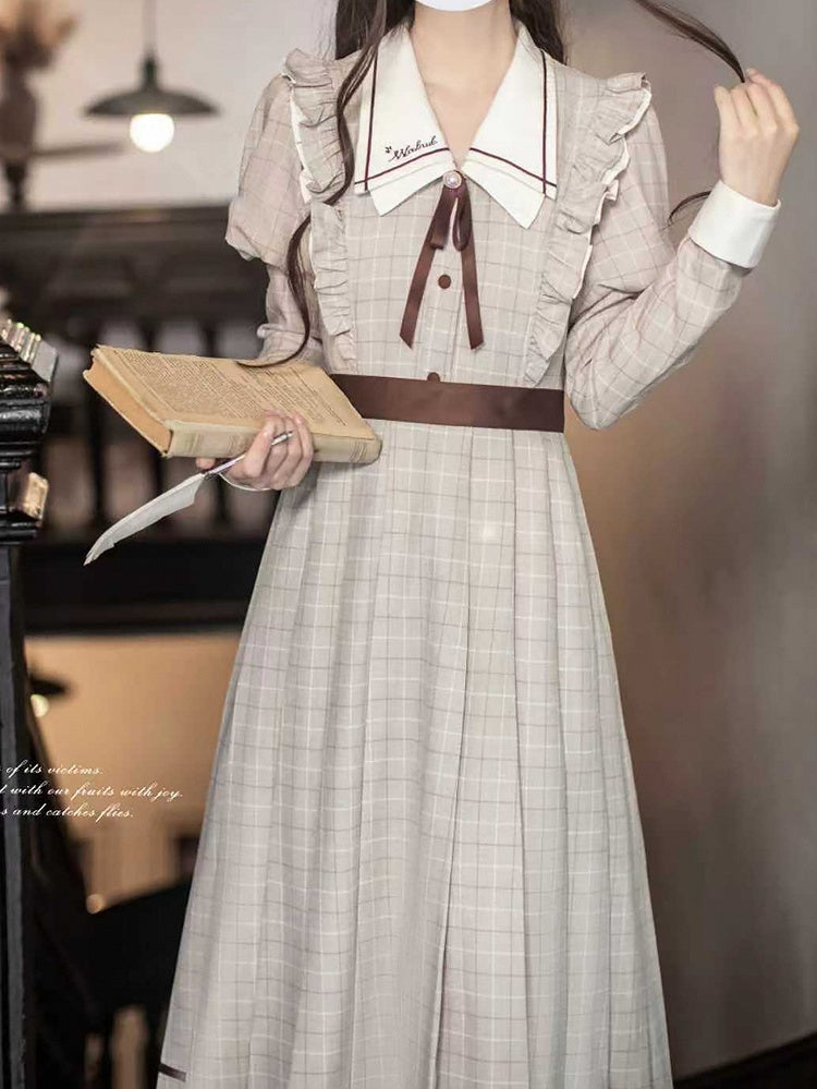 Plaid Pleated Juliette Sleeves Preppy Dress: Skirt with Coffee Light Style