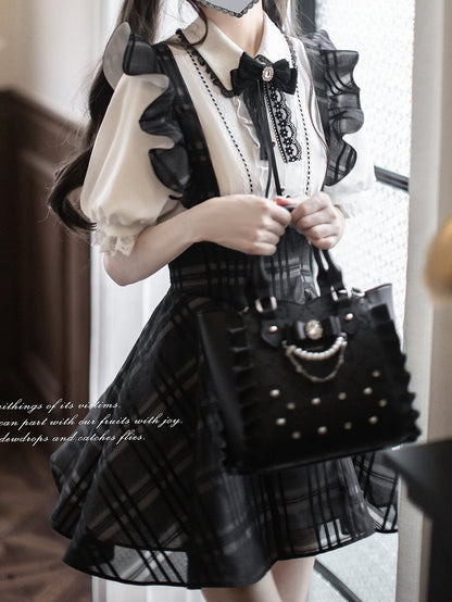 with Flutter Sleeves Waist Black Plaid Overall Dress Short Version Jirai Kei High