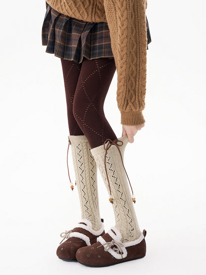 Detail with Bow Socks Knit 5-Color Bead Calf Pointelle