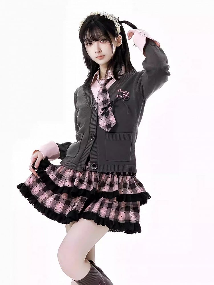 Dark Gray V-Neck Spring Slim-fitting Knitted Cardigan