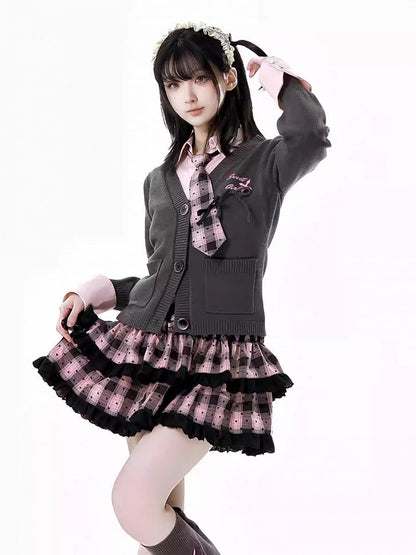 Dark Gray V-Neck Spring Slim-fitting Knitted Cardigan