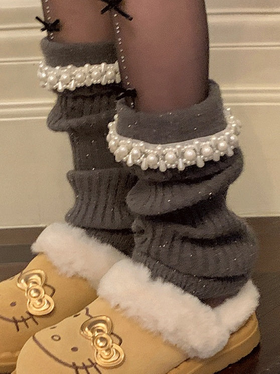 ビーズ付きフリル袖口ニットレッグウォーマー