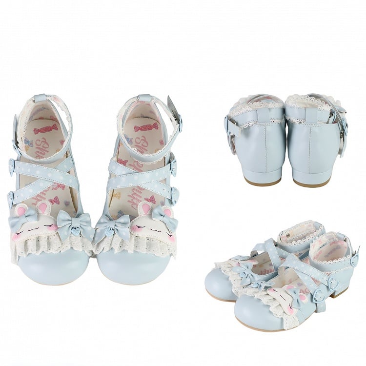 Sweet Design Crisscross Polka-dot Shoes Lolita Bunny Lace Applique Trim Pattern Details Bowknot Blue