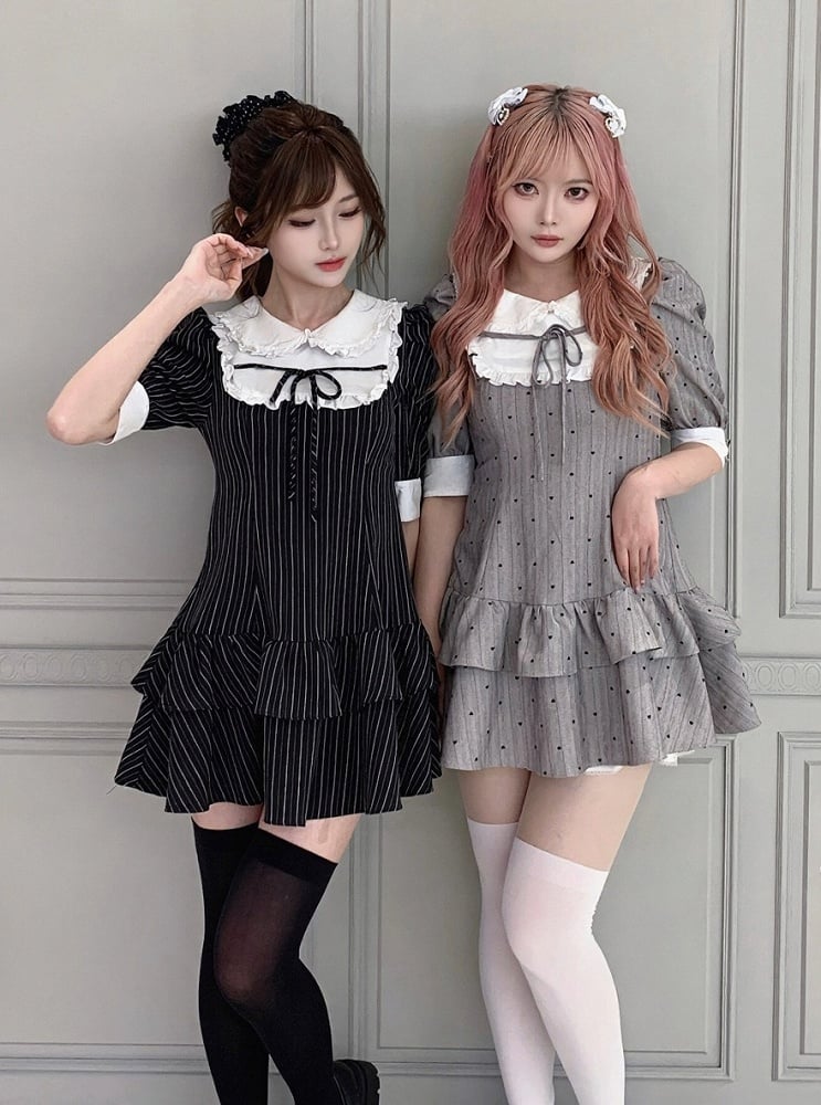 Gray Heart-Printed Peter Pan Collar Ruffled Short Sleeve Dress - Smyster