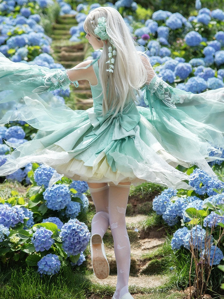 Green Chinoiserie Lolita Boning Corset JSK Dress with Bird & Floral Embroidery Patch - Misty Isle Letter