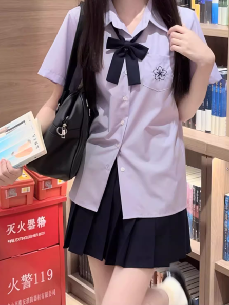 Shirt Style Preppy Purple Sakura Embroidery