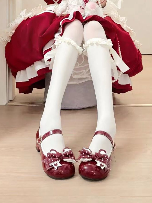 Buckle Red - Mary Low Lolita Polka-dot with Janes Sweet Ear PU Bear Bow Heel Teddy