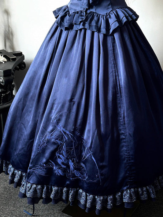Dunkelblauer Gothic-Lolita-Rock mit Drachenknochen-Stickerei und Kordelzug