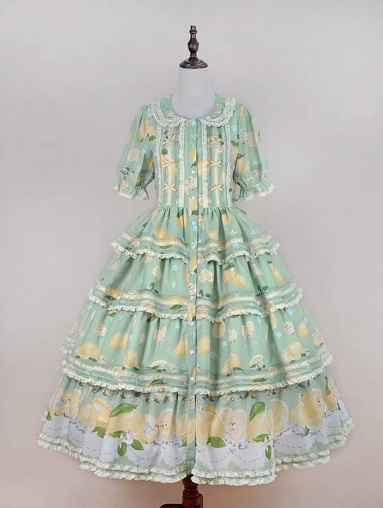Button Lemon Print Short Skirt Placket Lolita Sleeves Tiered and Front Dress Green Chick