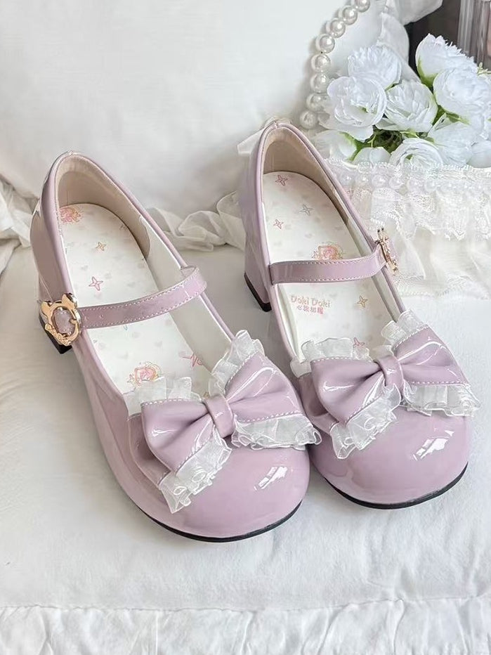 Mary Bow Sweet Mid-heel Accents Toe with Janes Purple Round - PU Lolita