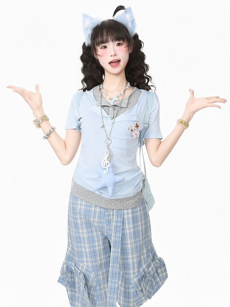 Relaxed Blue Two-Piece Polka Dot Tee with Badge - Languid Park