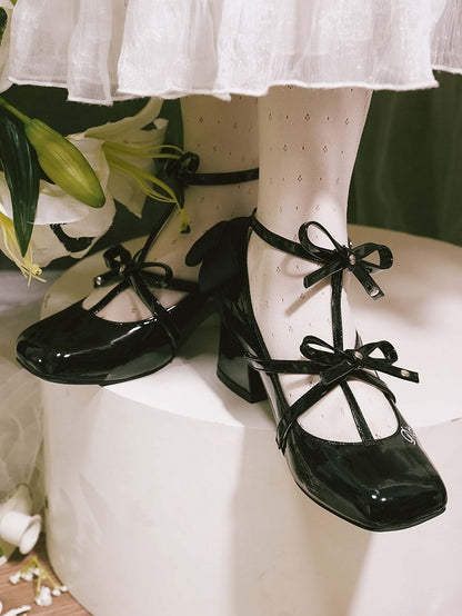 Polished T-strap Accents Shoes Design Bow Middle Heels Toe Square Elegant Black Lolita with