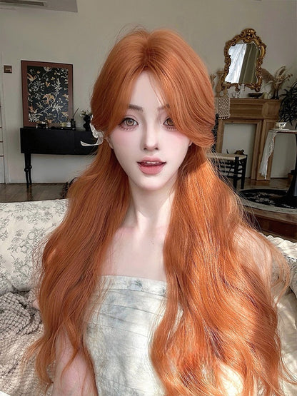 カーテンバング付きオレンジロングウェーブ合成ウィッグ