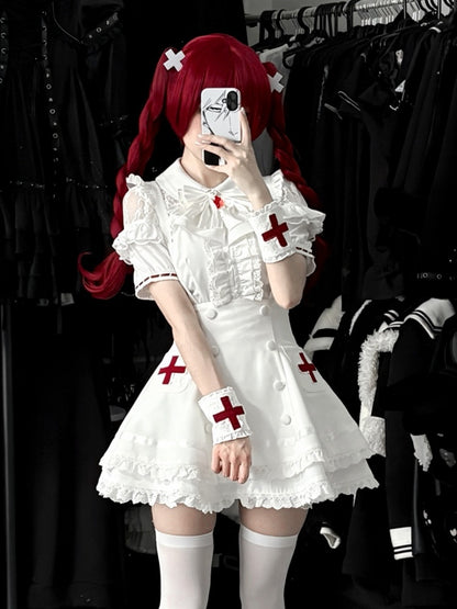 White Lace Blouse & Skirt Set with Straps & Bow - Shi Zhai Xin