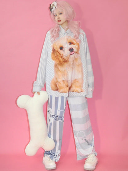 And Print Pattern Puppy Gyaru Fashion Striped Checked Gray Shirt