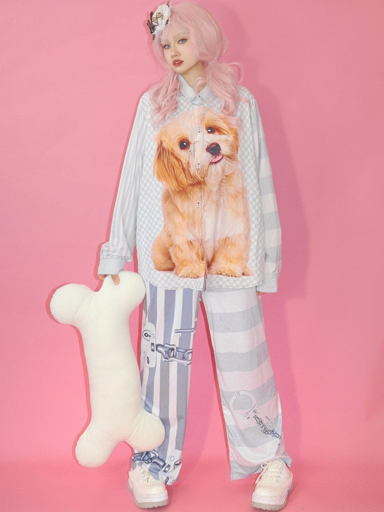Mode Grau Kariert Welpen Muster Druck Gestreiften Gyaru Hemd Und