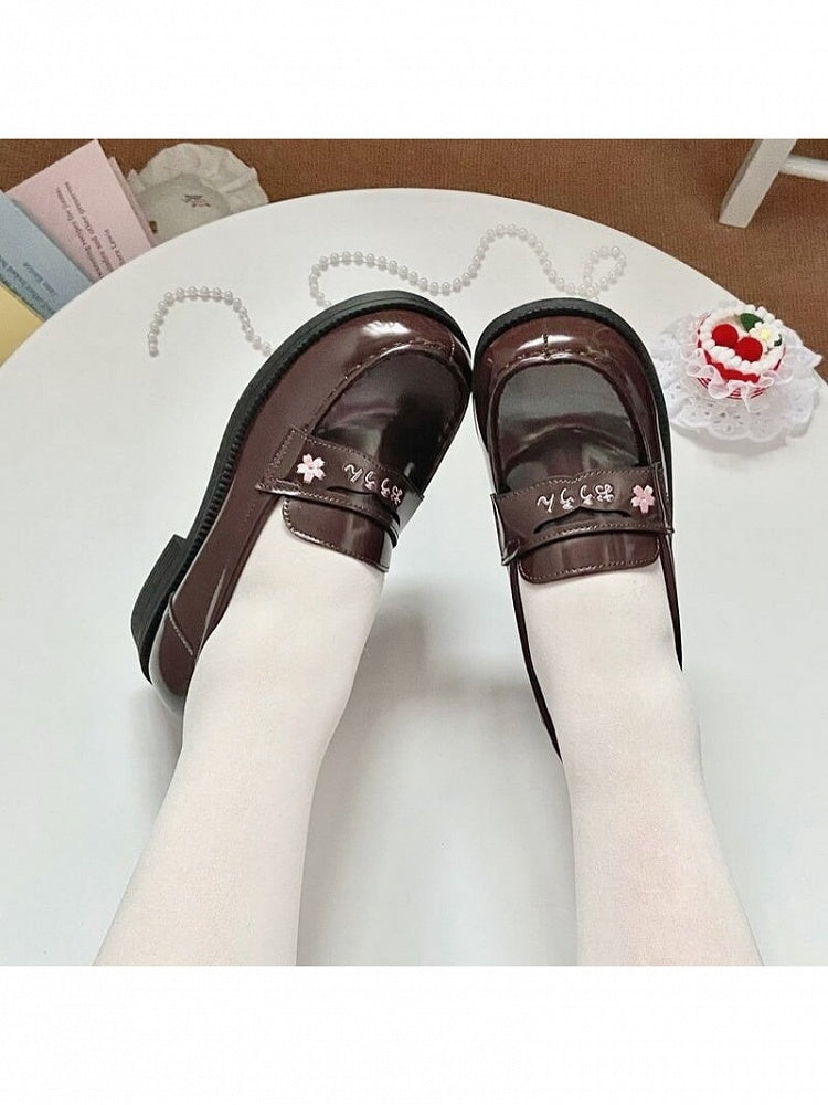 with Blossom Heel Cherry Uniform Embroidery Brown Shoes Style 3 School Options