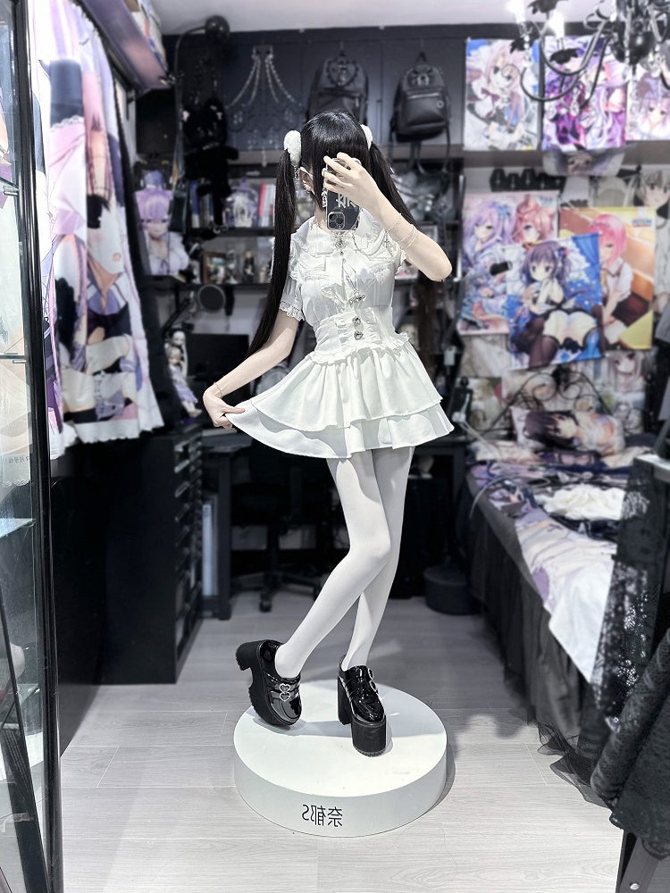 Tiered Skirt Rhinestones Embellished Jirai Kei Black/White/BlackWhite Heart