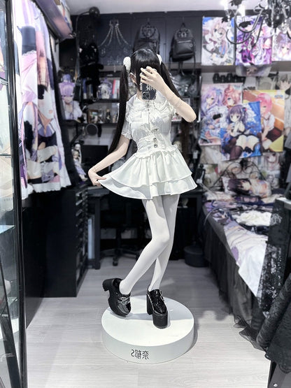 Tiered Skirt Rhinestones Embellished Jirai Kei Black/White/BlackWhite Heart