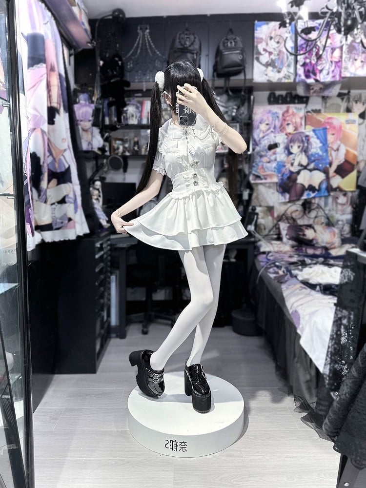 Strassverzierter Jirai Kei Schwarz/Weiß/Schwarz-Weiß Herz-Stufenrock