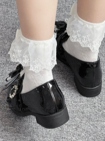 Jirai Detachable Polished Loafers Rhinestone - with Trim Design Black Slip-On Kei Beads And Decor Bow Ruffle