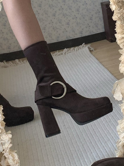 Bottes Mi-mollet Marron à Bout Carré avec Fermeture Éclair Plateforme Boucle Intérieure Talon Carré Haut