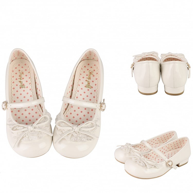 Toe White Heels Knotted Trim Accent Bow Round 2.2CM Lace Janes Mary