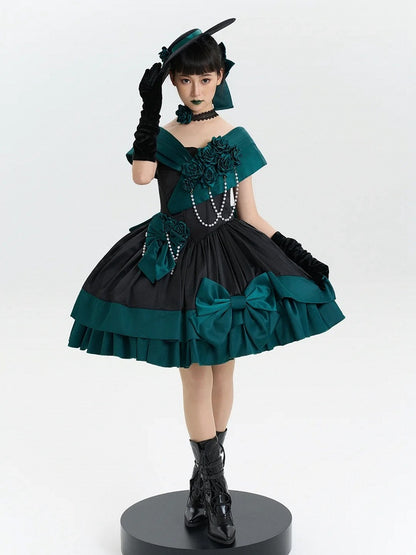 Green Black Off-Shoulder Boned Lolita Gown - Treasure Box Factory