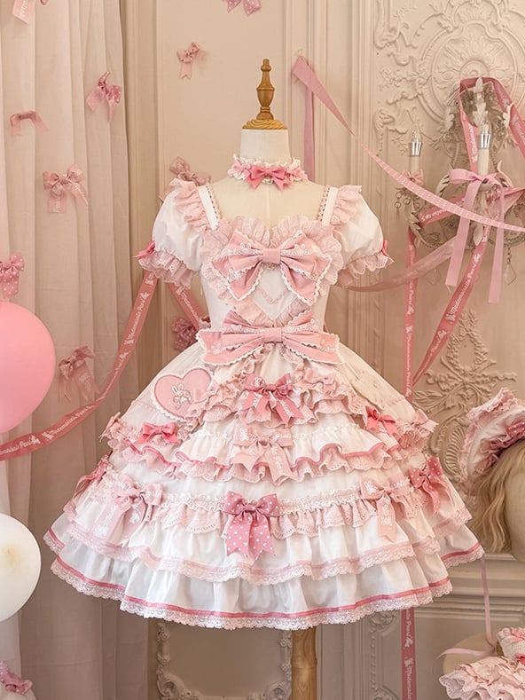 Rüschen Einteiler Rosa Weiß Süßes Prinzessinnen- und Schleifenkleid Thema Lolita Bunny Akzente