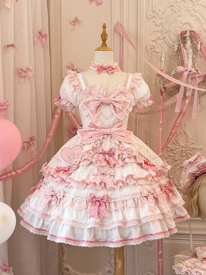 Rüschen Einteiler Rosa Weiß Süßes Prinzessinnen- und Schleifenkleid Thema Lolita Bunny Akzente