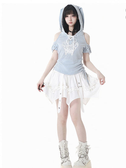 バレエコア ホワイト カーブヘム スタースカート スタッド