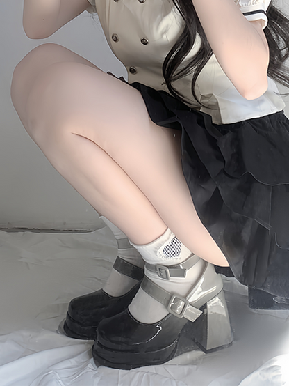 グラデーションブラック取り外し可能な蝶結びプラットフォームハイブロックヒールロリータシューズ