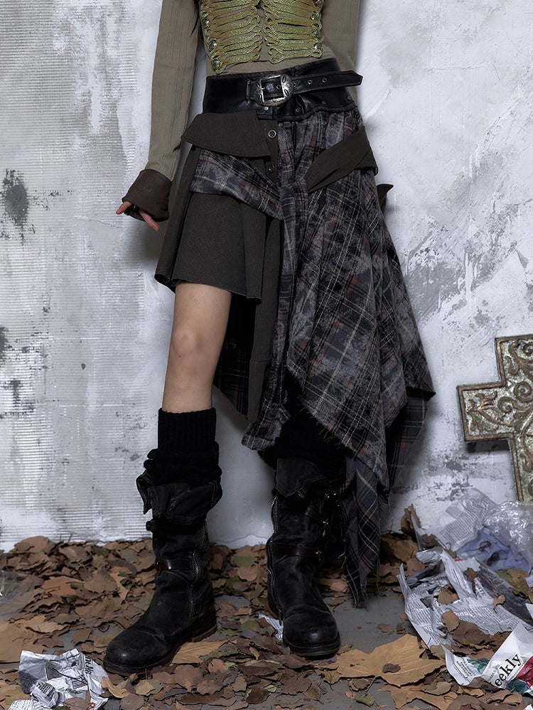 Asymmetrical Rock Front Ties with Vintage PU Hemline Knotted Punk Black Waistband Triangular Skirt Plaid