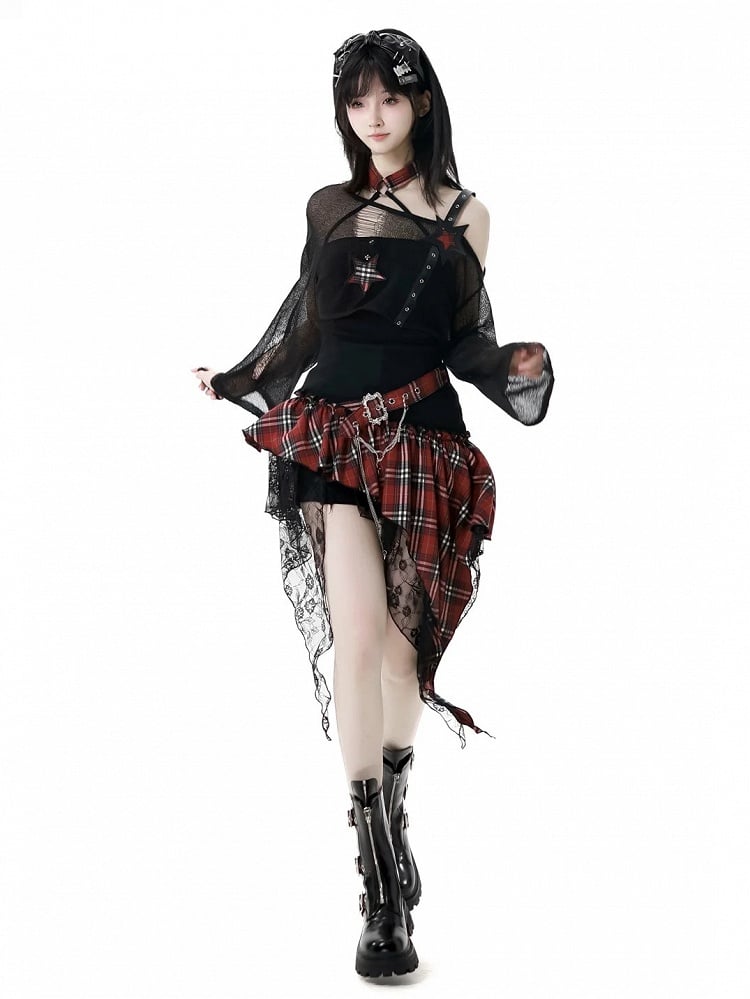 Coverup Schwarz/Grau Stern Distressed Löcher Punk Rock Strap Hohl-Out Cropped