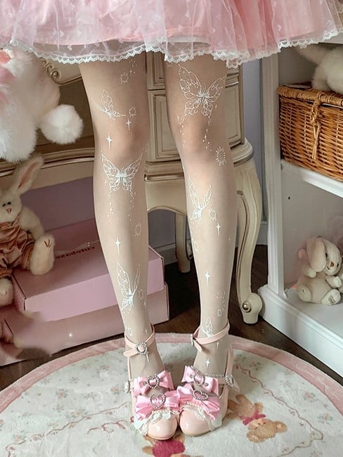 Tights Butterfly Lolita White Print Sweet