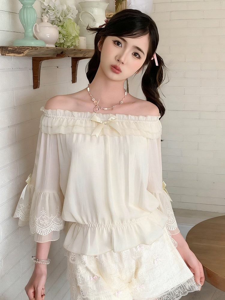 Three Colors Summer Classic Lolita Blouse with Off-Shoulder Neckline and Lace - Lan Jian Chuan