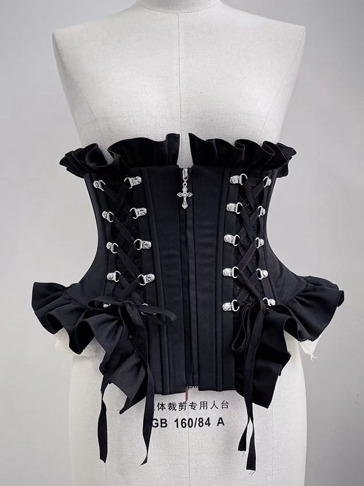 Lace-Up Boned Corset with Ruffle Details in Black - Moonveil Manuscript