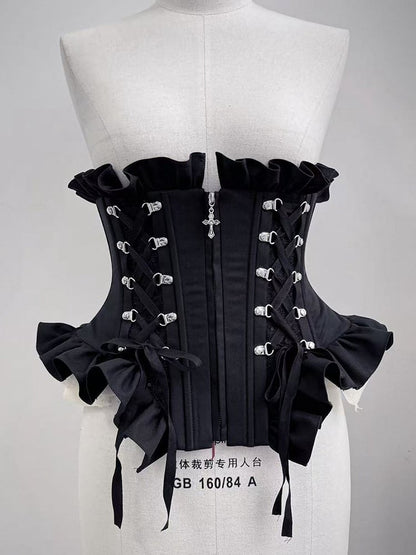 Lace-Up Boned Corset with Ruffle Details in Black - Moonveil Manuscript