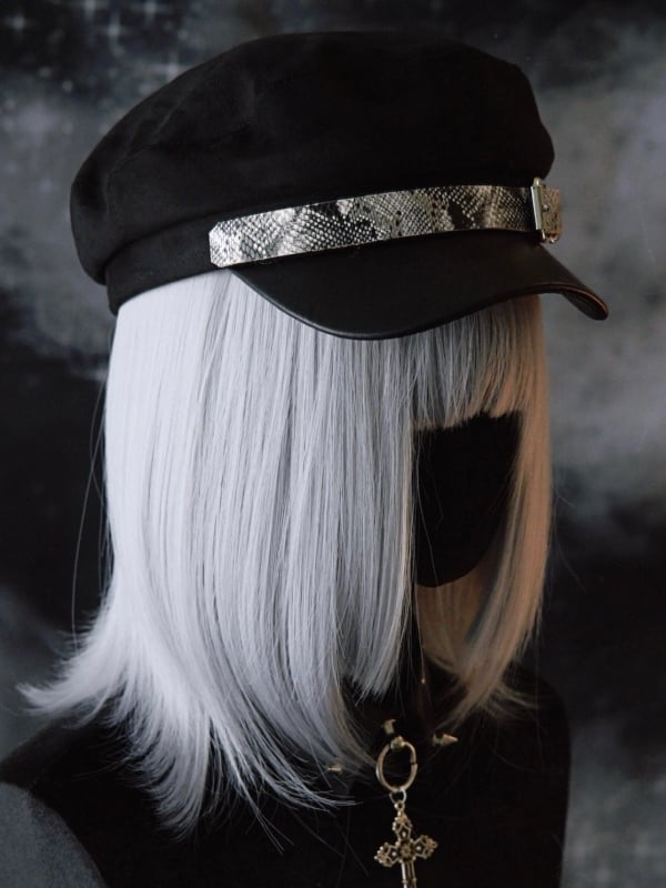 Buckle Gothic Pattern Design Black Snakeskin Beret Hat