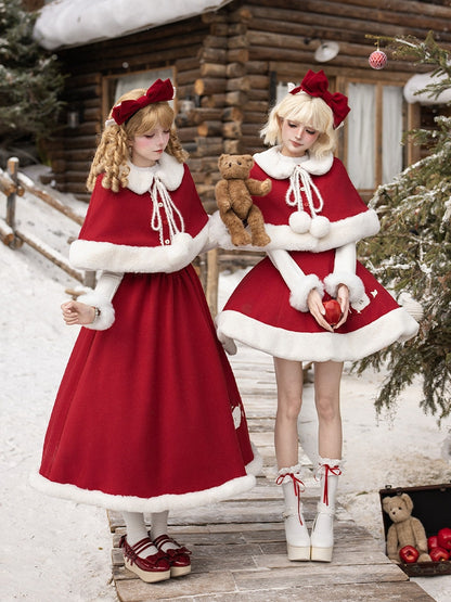 Red Fur Apple with Collar Lolita Cape Buttons Faux Christmas White