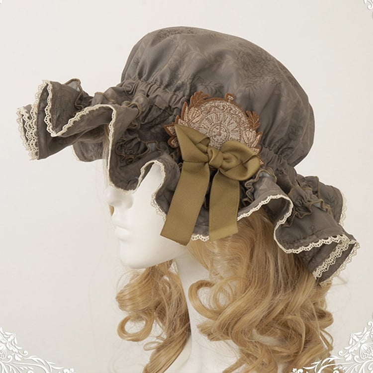 Lolita Floral with Blue/Brown/White/Light Ruffled Hat Brown Pattern Bow
