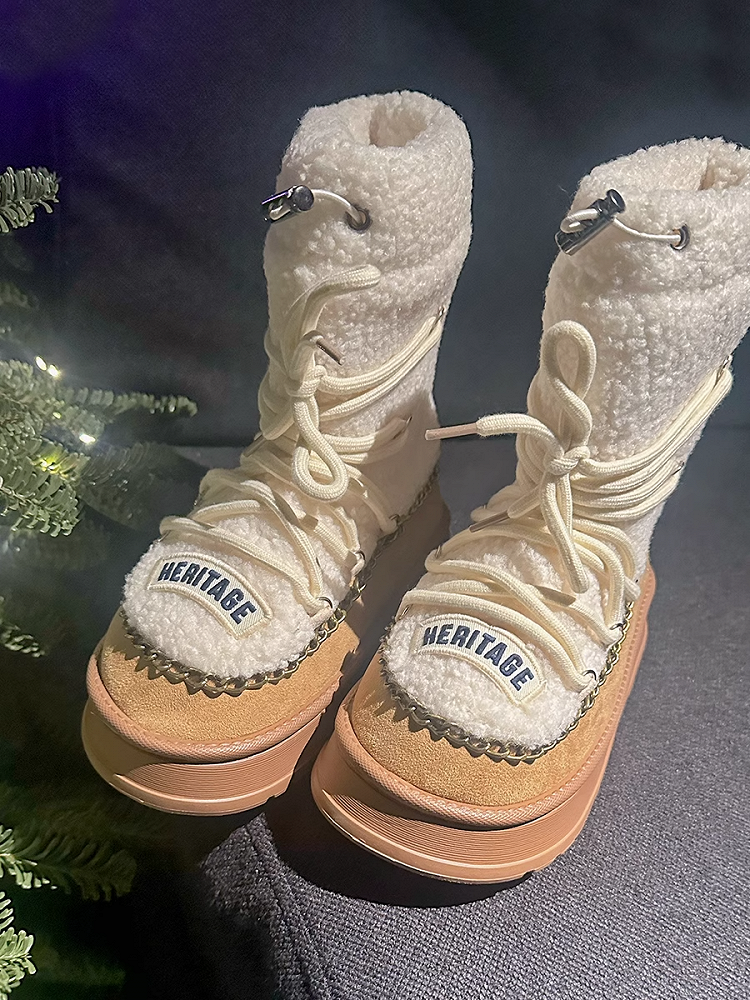 キャメルヒールのプラッシュプラットフォームブーツ