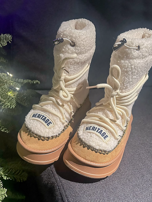 キャメルヒールのプラッシュプラットフォームブーツ