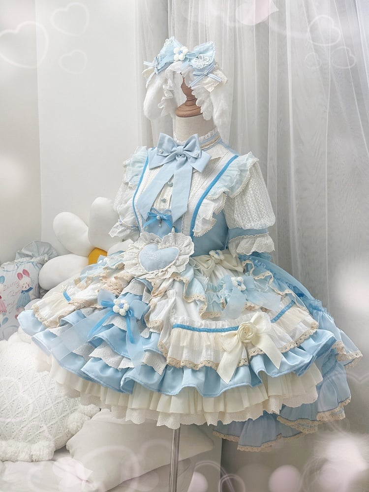 Kleid Taille Tiered Rüschen Lolita Blau Dekoration Bowknot Hohe Süße Rock